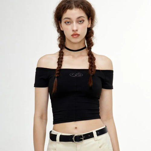Load image into Gallery viewer, Sexy Crop Tops Black Tshirts Women Slash Neck Off Shoulder Short Sleeve Tunic Tees 2024 Ropa Mujer Casual Fashion Y2k T Shirt
