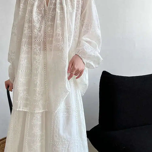 Load image into Gallery viewer, Lace Big Size Shirt Half-body Skirt Two Pieces Suit New Round Neck Long Sleeve Women Fashion Spring Autumn 2025 1DJ0062
