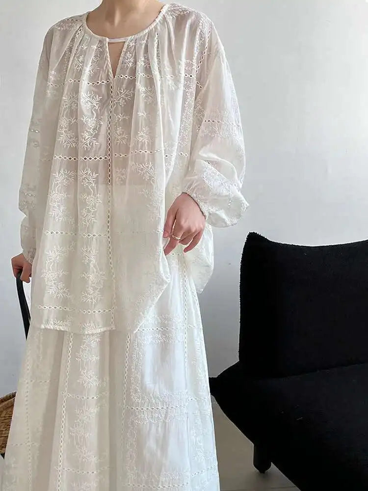 Lace Big Size Shirt Half-body Skirt Two Pieces Suit New Round Neck Long Sleeve Women Fashion Spring Autumn 2025 1DJ0062