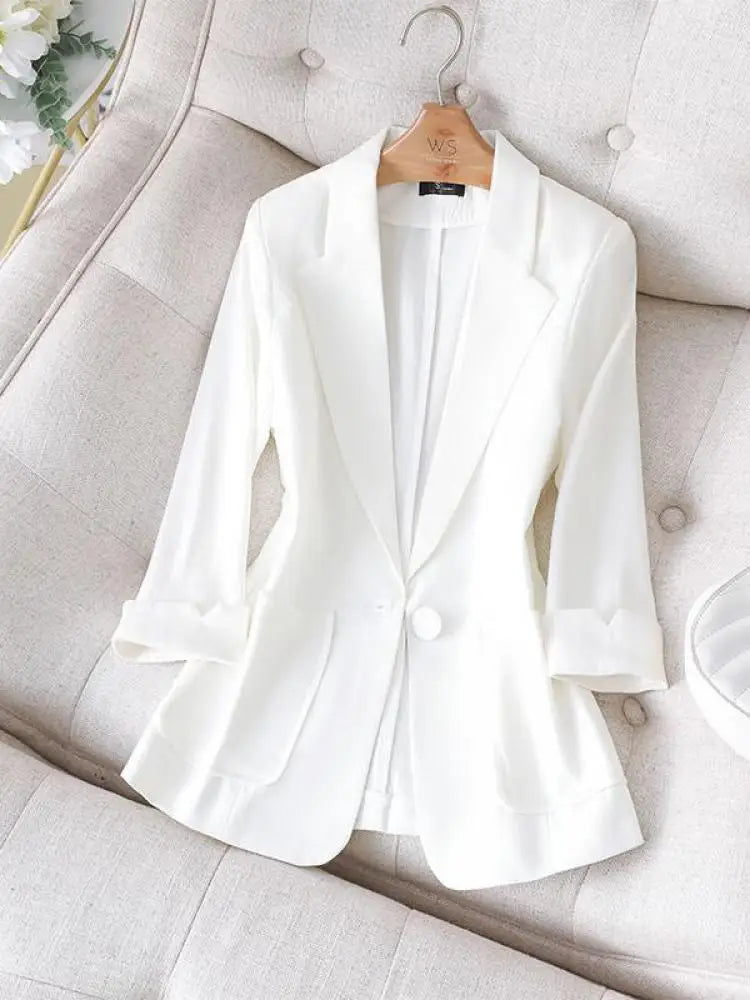 Black White Blazer Tops For Women Chic Elegant Ladies Green Seven-point Sleeve Jacket Spring Summer New 2024 Suit  Fashion Trend
