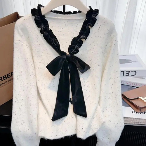 Load image into Gallery viewer, Autumn Winter French Patchwork Elegant V Neck Bow Ruffles Single Breasted Short Sweater Women New Long Sleeved Knitted Tops 2024
