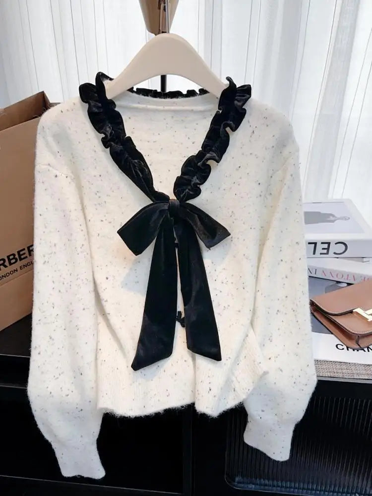 Autumn Winter French Patchwork Elegant V Neck Bow Ruffles Single Breasted Short Sweater Women New Long Sleeved Knitted Tops 2024