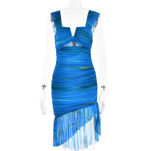 Load image into Gallery viewer, Striped Backless Ruched Midi Dress Women Two Layer Mesh Spaghetti Strap Sleeveless Bodycon Sexy Print Fishtail Dress
