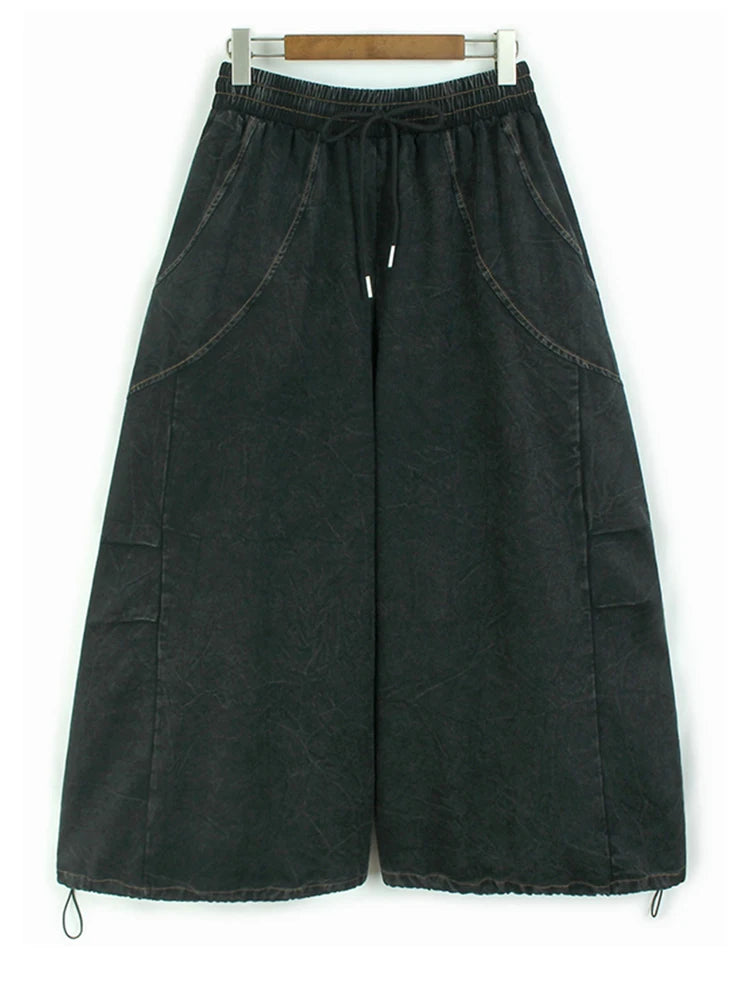 High Waist Caramel Color Denim Drawstring Pleated Wide Leg Jeans New Women Trousers Fashion Spring Autumn 2025 1DH9662