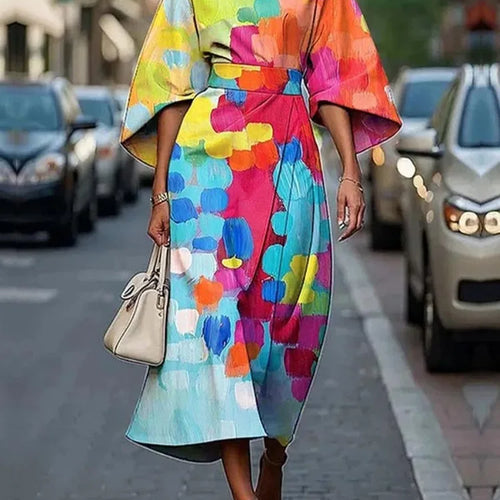 Load image into Gallery viewer, African Dresses for Woman Summer Short Sleeves Asymmetric Tied Waist Casual 1 Pieces Woman Midi Colorful Dress
