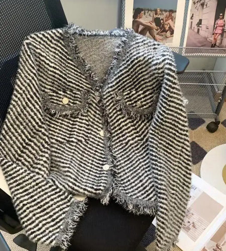 Autumn Winter Korean V Neck Striped Tassel Knitted Cardigan Coat Women's Elegant Single Breasted Thick Mohair Sweater Fashion