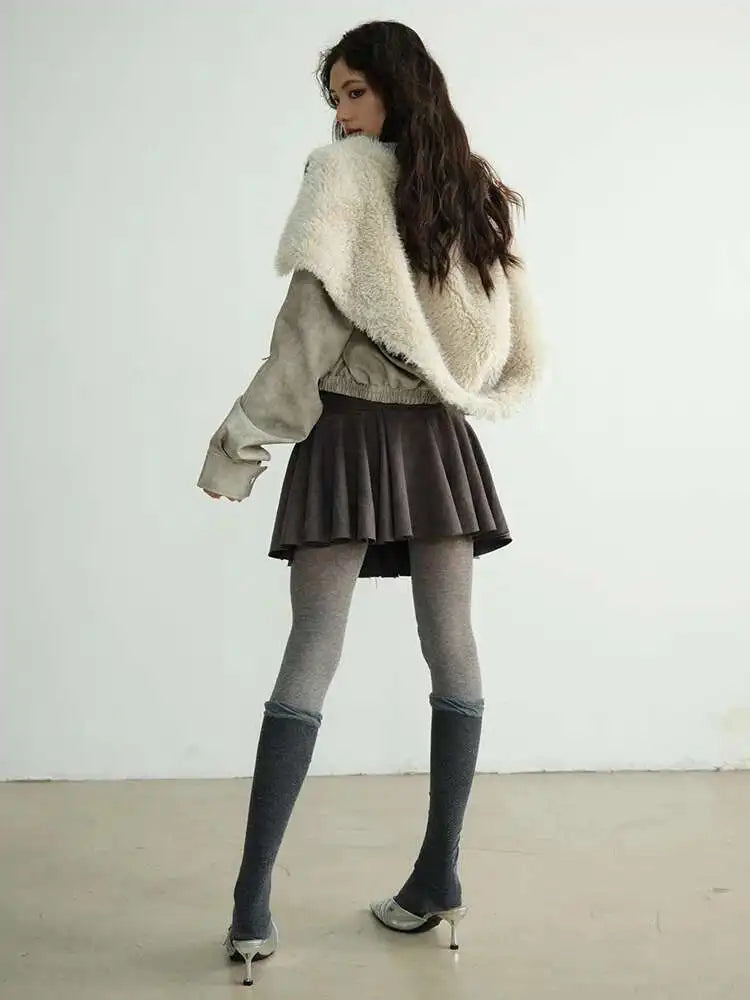 High Waist Gray Vintage Paint Short Irregular Pleated MiniHalf-body Skirt Women Fashion New Spring Autumn 2025 1DH8265