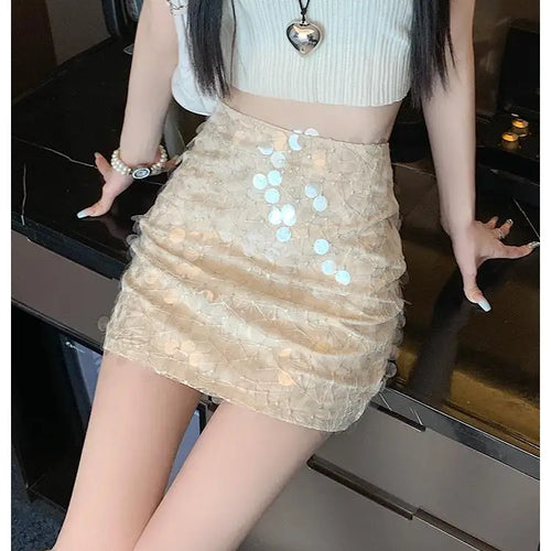 Load image into Gallery viewer, Sexy Sequin Mini Fairy A-line Skirt For Women Aesthetic Designer Black Spicy Girls High Waist Apricot Skirts Streetwear Summer
