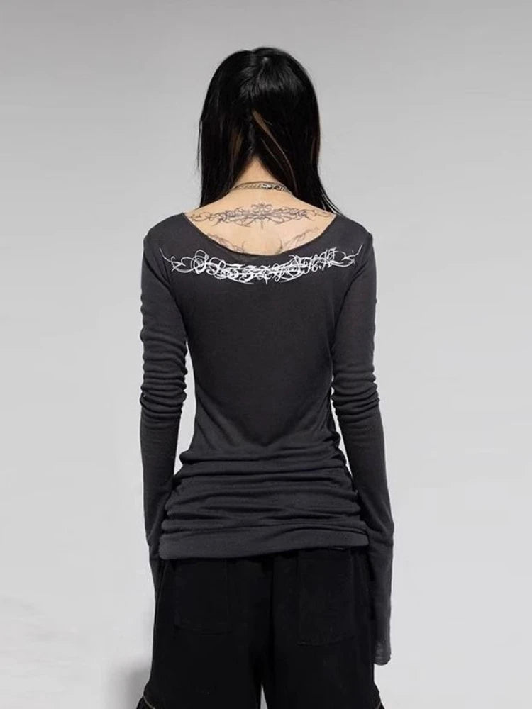 2025 Y2k Aesthetic Creamy-white Women Sexy T-shirt Vintage Printing Streetwear Grunge Tshirts Harajuku Bodycon Gothic Tees Femme