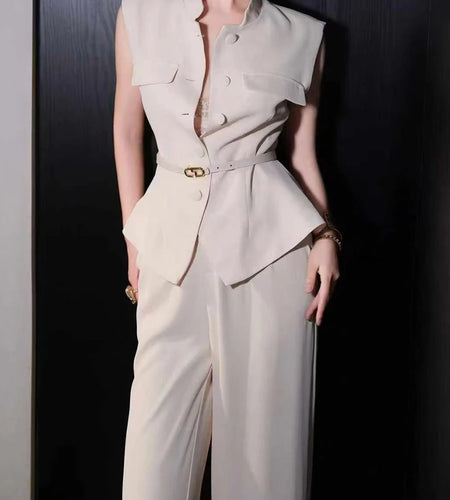 Solid Spliced Belt Two Piece Sets for Women Stand Neck Sleeveless Patchwork Button Top High Waist Pant Set Female