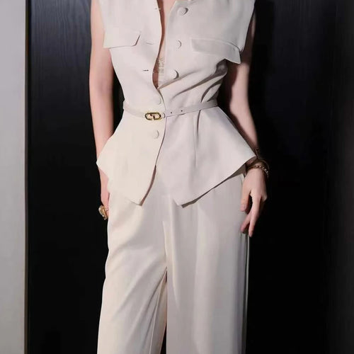 Load image into Gallery viewer, Solid Spliced Belt Two Piece Sets for Women Stand Neck Sleeveless Patchwork Button Top High Waist Pant Set Female
