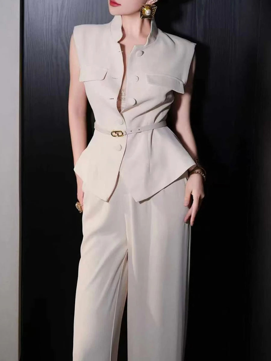 Solid Spliced Belt Two Piece Sets for Women Stand Neck Sleeveless Patchwork Button Top High Waist Pant Set Female
