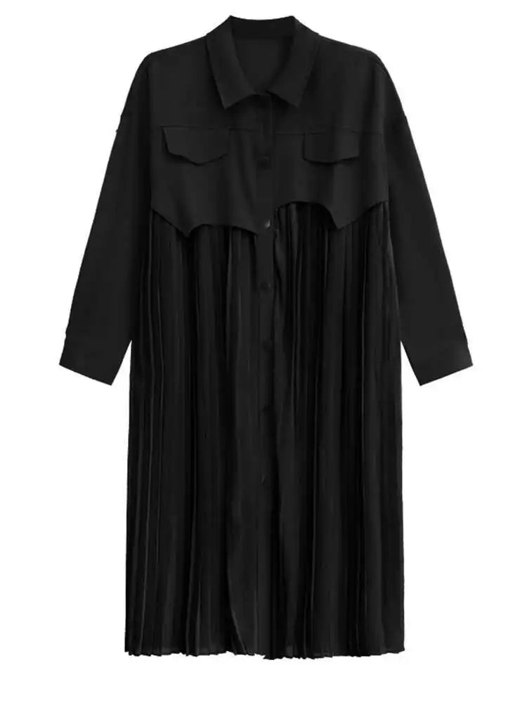 Women Army Green Pleated Spliced Big Size Midi Shirt Dress New Lapel Long Sleeve Fashion Tide Spring Autumn 2025 1DH6927