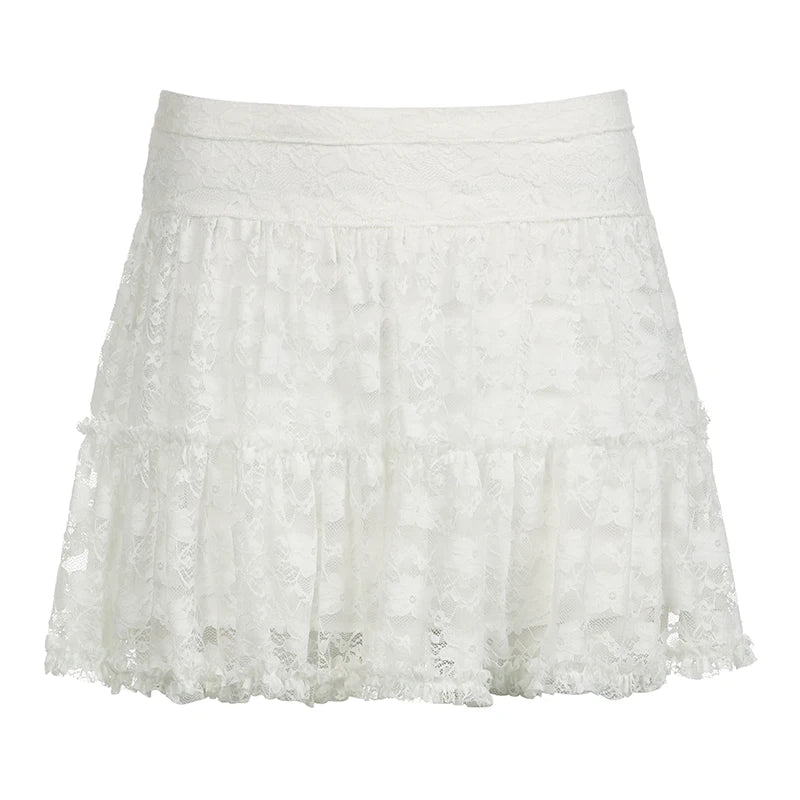Coquette Fashion White Low Waist Lace Skirt Women Ruched Frills Hotsweet Korean Mini Skirt A-Line Folds Party Outfits