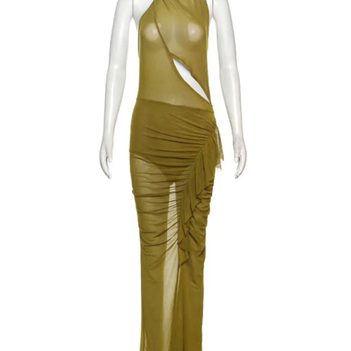 Load image into Gallery viewer, Mesh Ruffled Ruched Sexy Maxi Dress For Women Gown Fashion Solid Sleeveless Backless Bodycon Club Long Dress Vestido
