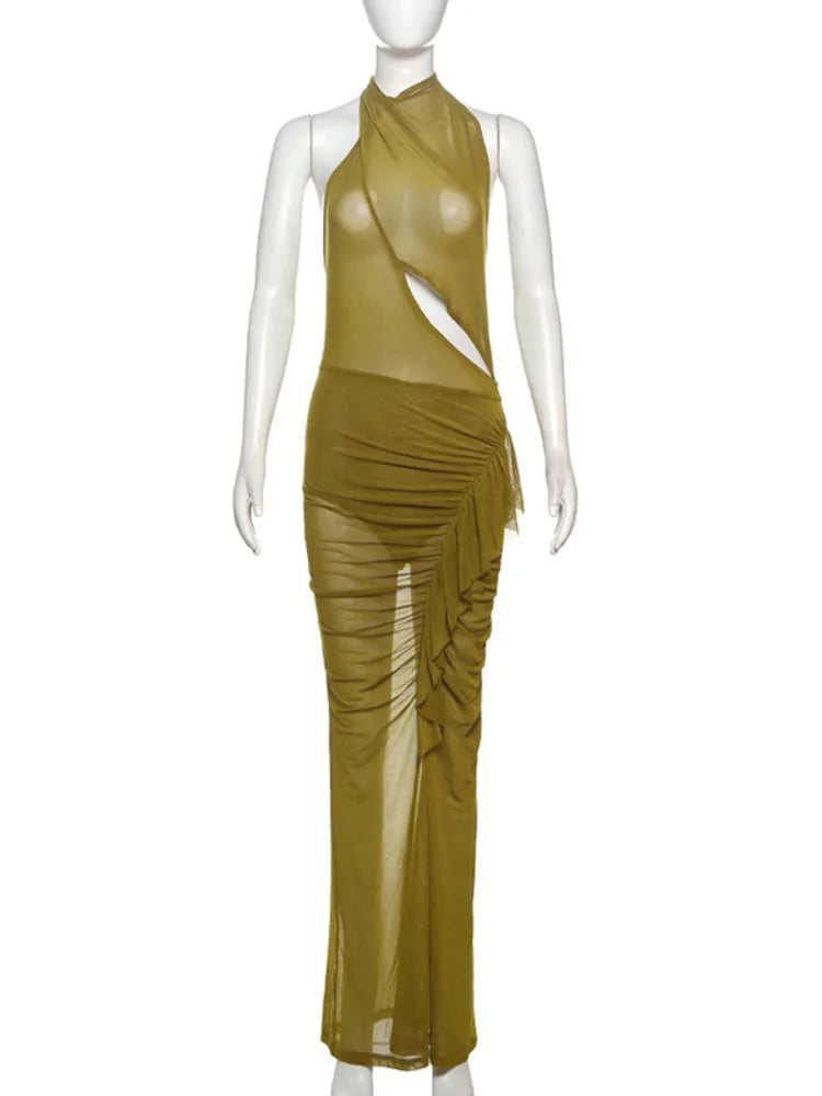 Mesh Ruffled Ruched Sexy Maxi Dress For Women Gown Fashion Solid Sleeveless Backless Bodycon Club Long Dress Vestido