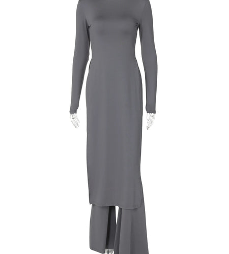 Winter Fashion 2 Pcs Sets Long Sleeve Sexy Slit Maxi Dress Flare Pants Women Y2K Outfits Streetwear Festival Party