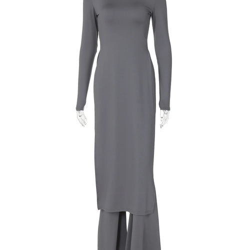 Load image into Gallery viewer, Winter Fashion 2 Pcs Sets Long Sleeve Sexy Slit Maxi Dress Flare Pants Women Y2K Outfits Streetwear Festival Party
