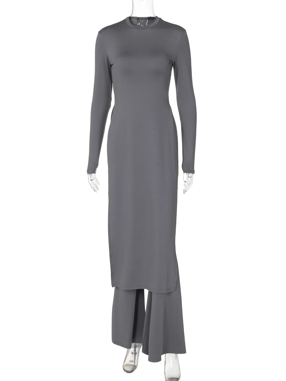 Winter Fashion 2 Pcs Sets Long Sleeve Sexy Slit Maxi Dress Flare Pants Women Y2K Outfits Streetwear Festival Party