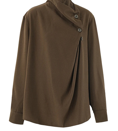Women Brown Button Irregular Big Size Blouse New Stand Collar Long Sleeve Shirt Fashion Tide Spring Autumn 2025 CPG2111