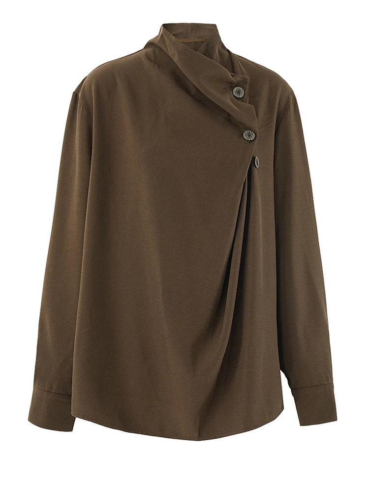 Women Brown Button Irregular Big Size Blouse New Stand Collar Long Sleeve Shirt Fashion Tide Spring Autumn 2025 CPG2111