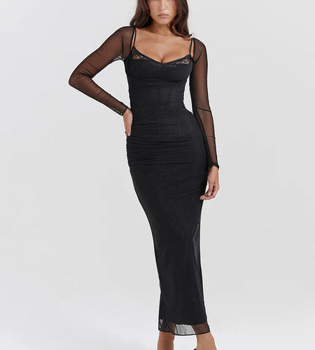Elegant Sheer Long Sleeve Bodycon Maxi Dress For Women Fashion Mesh Black Strapless Backless Club Party Sexy Dress