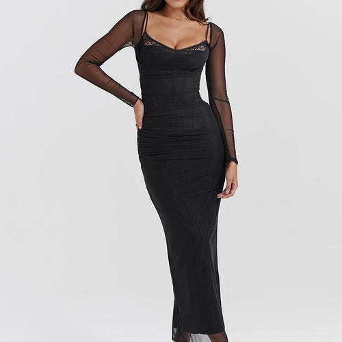 Load image into Gallery viewer, Elegant Sheer Long Sleeve Bodycon Maxi Dress For Women Fashion Mesh Black Strapless Backless Club Party Sexy Dress
