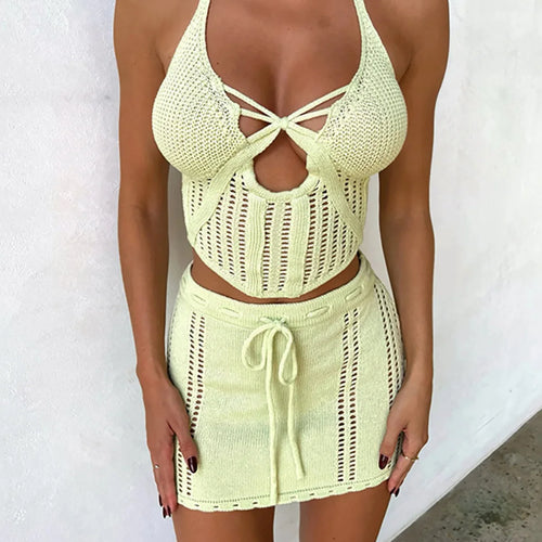 Load image into Gallery viewer, Halter Cut Out Crochet Knitted Tunic Beach Cover Up Cover-ups Beach Dress Beach Wear Beachwear Two Pieces Set Female Women V6114
