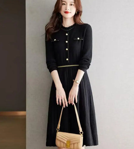 Korean Women's Red Round Neck Long Sleeve Office Knit Dress Autumn Winter Black Beige Single Breasted High Waist Midi Dress 2024