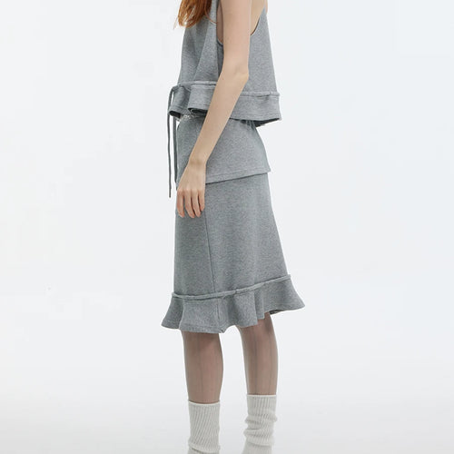 Load image into Gallery viewer, Solid Spliced Lace Up Two Piece Set For Women Hooded Sleeveless Top High Waist Temperament Skirts Female Fashion
