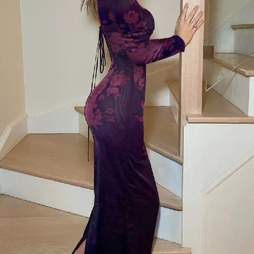 Load image into Gallery viewer, Elegant Backless Print Maxi Dress For Women Autumn Winter New Square Collar Long Sleeve Bodycon Club Party Sexy Dress
