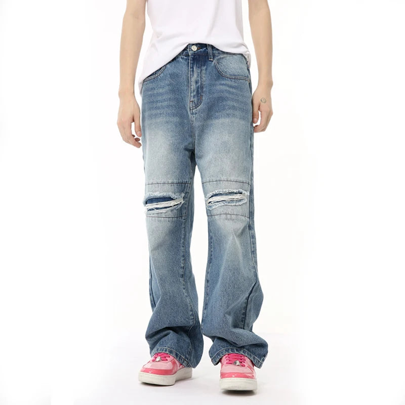 Male Hole Design Denim Pants Personalized Gradient Color Straight Wide Leg Loose Men's Jeans Summer Trendy 9C6675