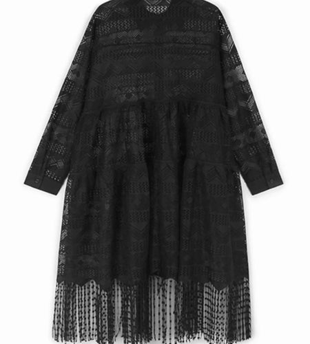 Women Black Lace Hollow Out Tassels Big Size Midi Shirt Dress New Lapel Long Sleeve Fashion Spring Autumn 2025 1DH8942