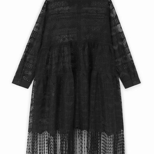Load image into Gallery viewer, Women Black Lace Hollow Out Tassels Big Size Midi Shirt Dress New Lapel Long Sleeve Fashion Spring Autumn 2025 1DH8942
