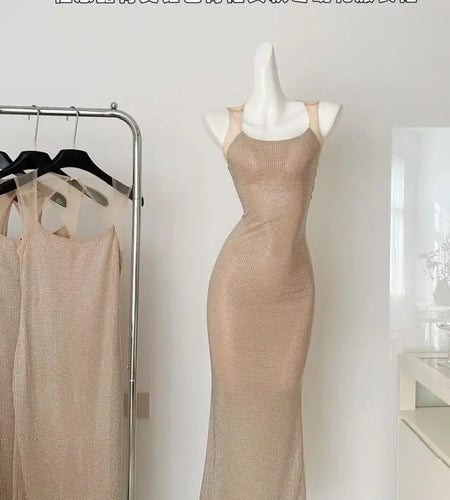 Korean Vintage Women's Khaki Elegant Holiday Backless Slip Long Dresses Summer Brown Diamond Sleeveless Party Evening Dress New