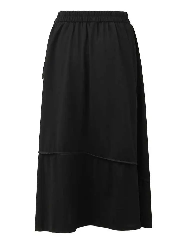 High Elastic Waist Black Pocket Spliced Irregular A-line Half-body Skirt Women Fashion Tide New Spring Autumn 2025 1DH5346