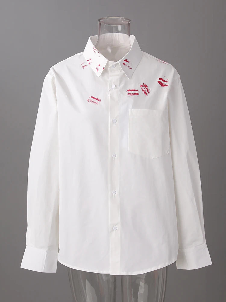 Women White Pattern Printed Big Size Casual Blouse New Lapel Long Sleeve Shirt Fashion Tide Spring Autumn 2025  CPG3062