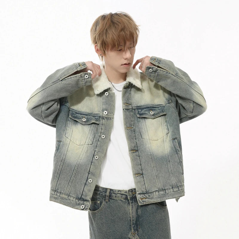 Autumn Men's Denim Jackets Worn-out Turn-down Collar Fleece Thinckened Single Breasted Washed Loose Male Coats 9C8729