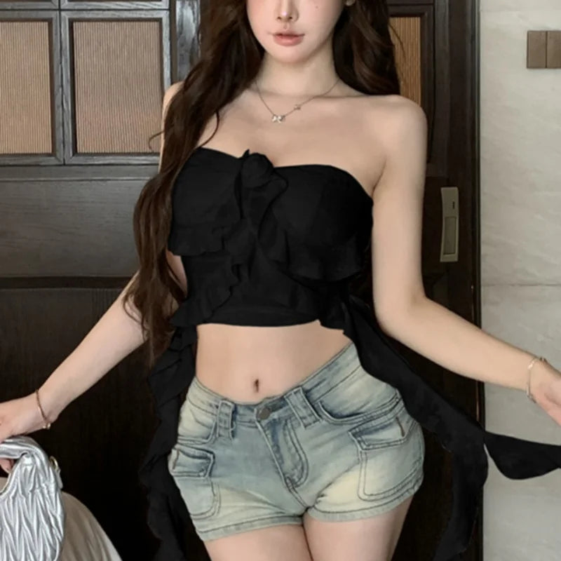 y2k Top Women Aesthetic Clothes Solid Color Off Shoulder Strapless Sleeveless Bandeau with Ruffles Hem 2000s Streetwear