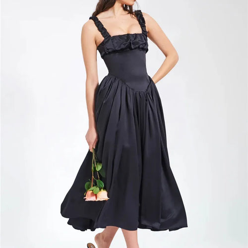 Load image into Gallery viewer, Elegant Satin Backless Midi Dress For Women High Quality Sundress Fashion Square Collar Sleeveless Loose Pleated Dress
