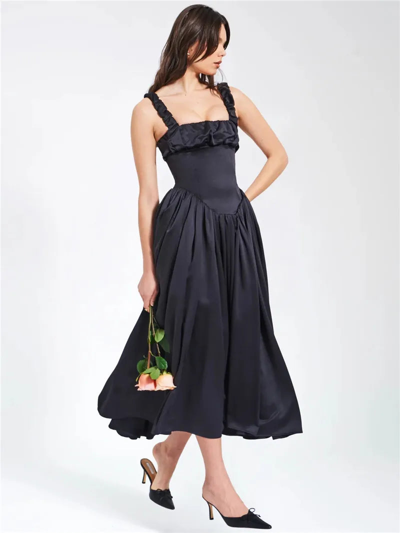 Elegant Satin Backless Midi Dress For Women High Quality Sundress Fashion Square Collar Sleeveless Loose Pleated Dress