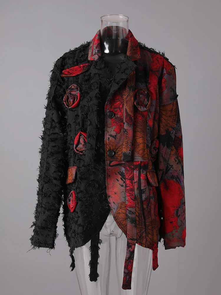 Women Black 3d Flower Ribbon Irregular Big Size Blazer New Lapel Long Sleeve Jacket Fashion Spring Autumn 2025 21Z8002