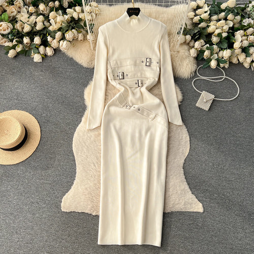 Load image into Gallery viewer, Women Beige Workwear Style Design Knit Dress Autumn Winter 2023 New Casual Half High Collar Black Pullover Office Lady Dress Y2k
