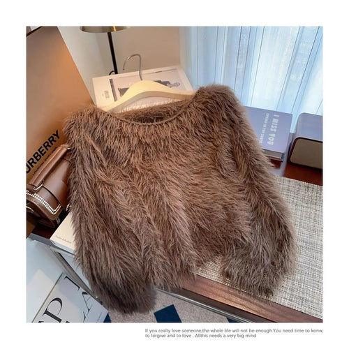 Load image into Gallery viewer, Autumn Winter Solid Knitting Mink Crop Top Women Long Sleeve Round Neck Pullover Casual Crochet Sweater French Fashion Thick New
