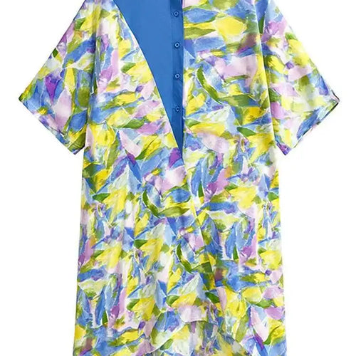 Load image into Gallery viewer, Women Blue Printed Big Size Midi Floral Dress New Stand Collar Short Sleeve Loose Fit Fashion Spring Summer 2025 1DF9379
