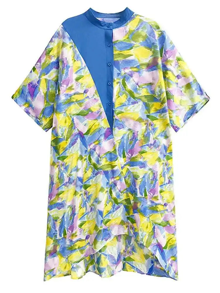 Women Blue Printed Big Size Midi Floral Dress New Stand Collar Short Sleeve Loose Fit Fashion Spring Summer 2025 1DF9379