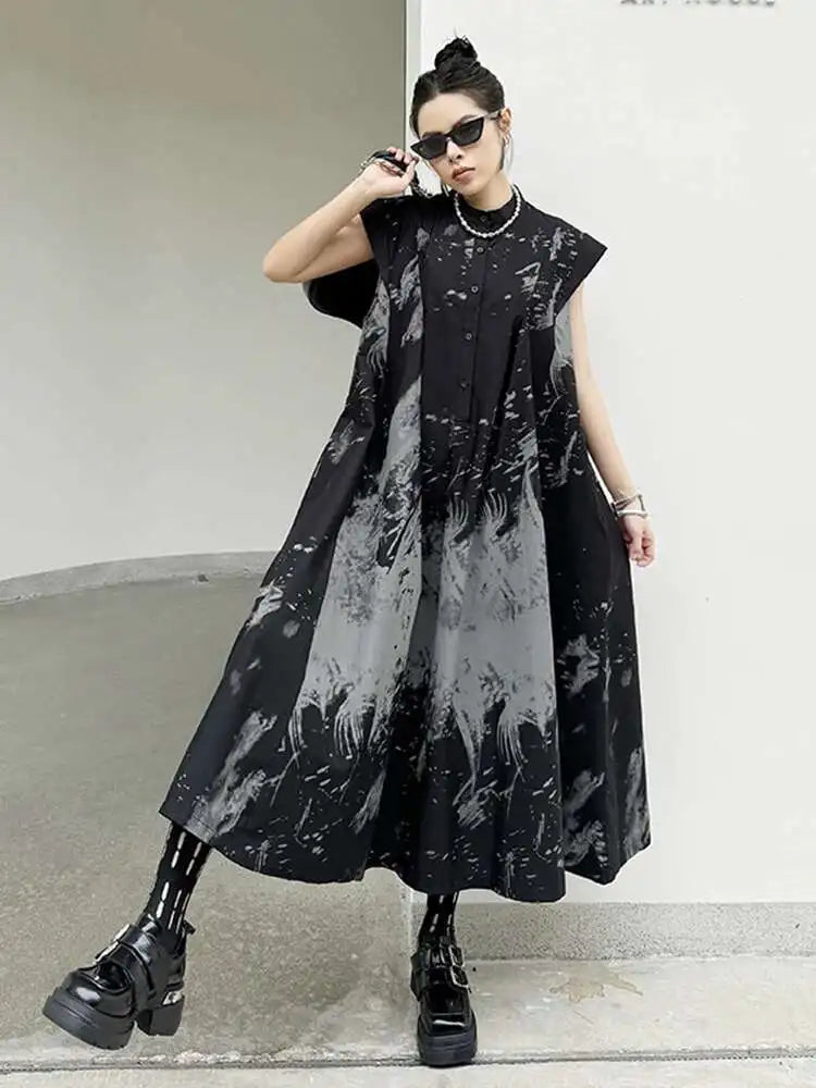 Women Black Pattern Printed Big Size Midi Shirt Dress New Stand Collar Sleeveless Fashion Tide Spring Summer 2025 1DH5837
