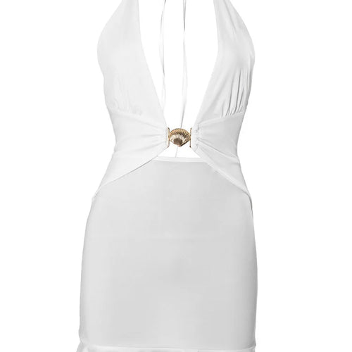 Load image into Gallery viewer, Hollow Out Deep V Neck Sexy Mini Dress Women Summer New Metal Shell Sleeveless Backless Ruffle Club Party Dress 2025
