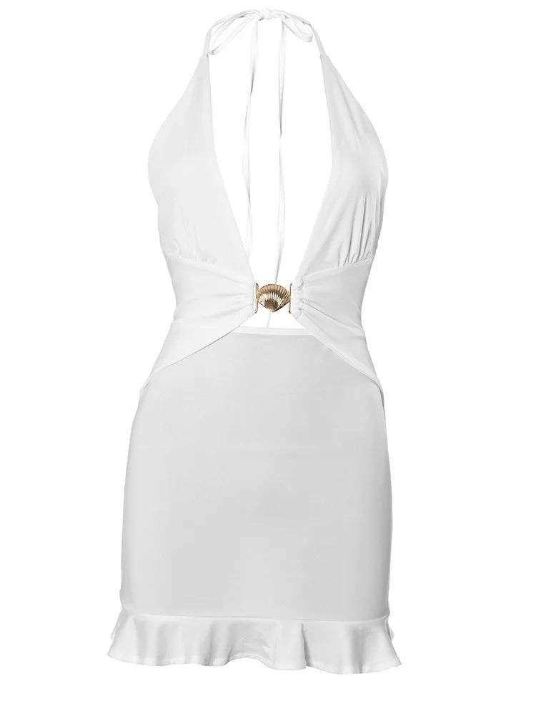 Hollow Out Deep V Neck Sexy Mini Dress Women Summer New Metal Shell Sleeveless Backless Ruffle Club Party Dress 2025