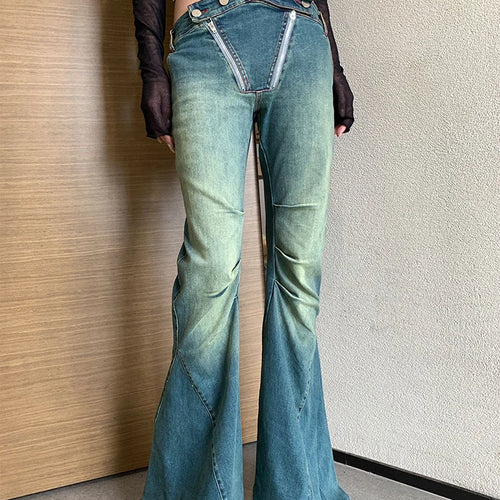 Load image into Gallery viewer, Hollow Out Chic Denim Pants For Women High Waist Patchwork Folds Slimming Casual Flare Pants Female Fashion Clothes
